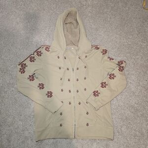 Lucky Brand Vintage Y2K Embroidered Hoodie - Sherpa Lined Hood - Tan & Red Boho
